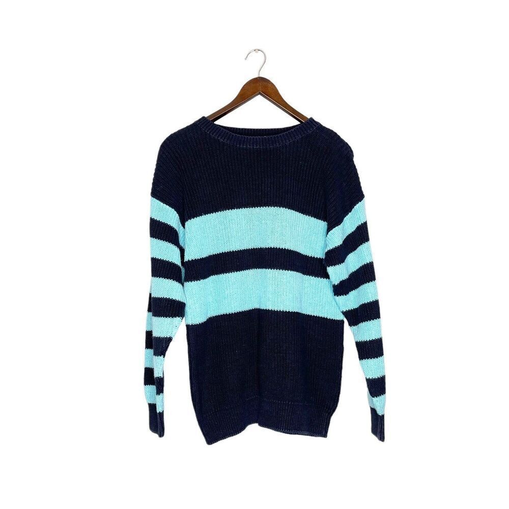 Vintage 80s M Medium Pasta Striped Sweater Ramie Cotton Black Turquoise Blue‎